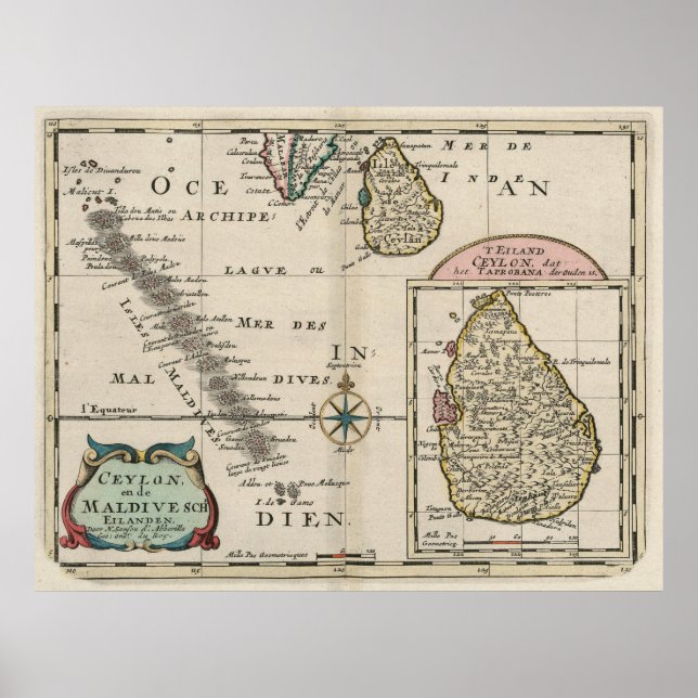 Vintage Maldives and Sri Lanka Map (1705) Poster (Front)