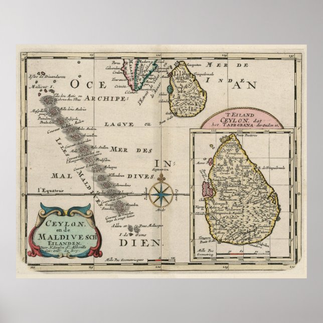 Vintage Maldives and Sri Lanka Map (1705) Poster (Front)