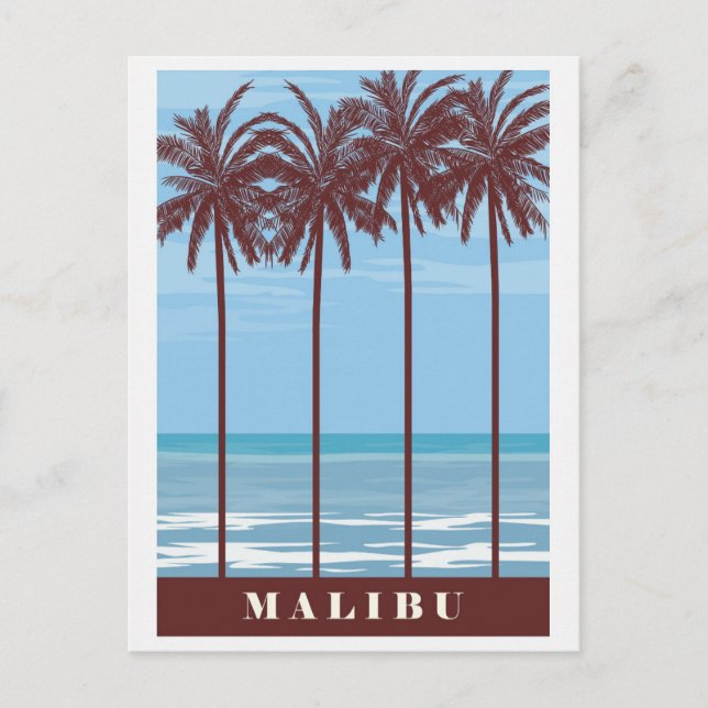 Vintage Malibu California Ocean Palm Tree Travel Postcard (Front)