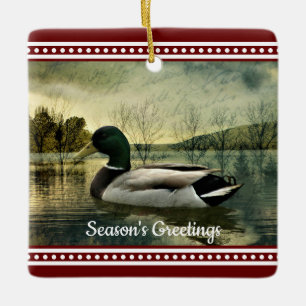 Vintage Mallard Duck Weathered Postcard Christmas Ceramic Ornament