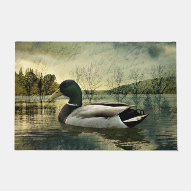 Vintage Mallard Duck Weathered Postcard Doormat (Front)