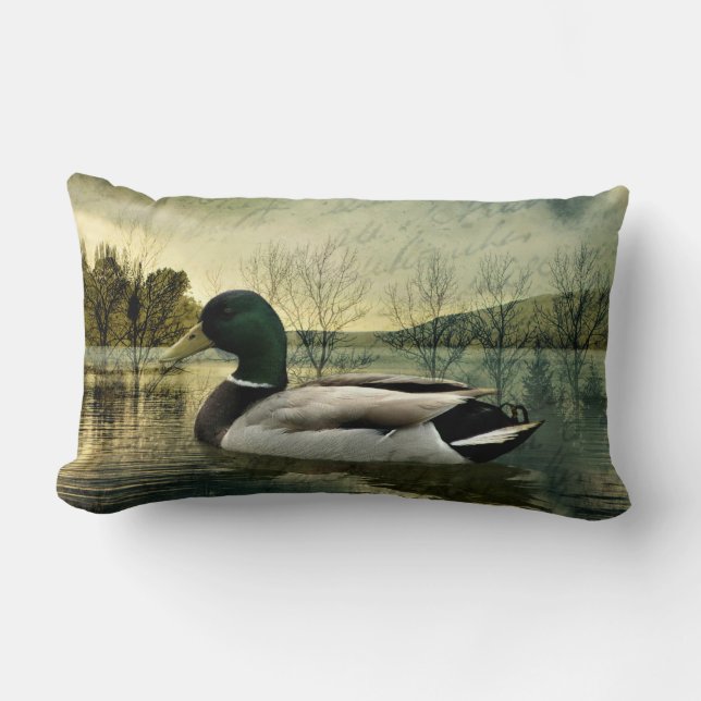 Vintage Mallard Duck Weathered Postcard Lumbar Cushion (Front)