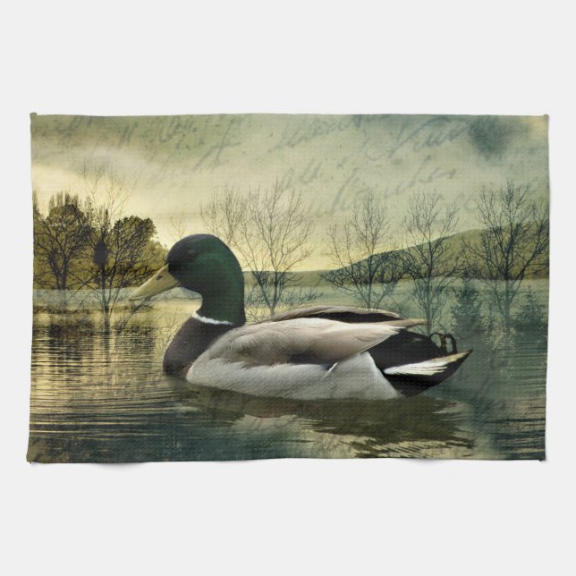 Vintage Mallard Duck Weathered Postcard Tea Towel (Horizontal)