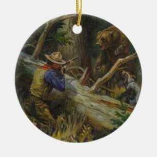 Vintage Man Hunting Bear Ceramic Tree Decoration