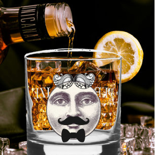 Vintage man in moon bartender moustache bow tie whiskey glass