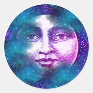 Vintage man in moon full moon face star clouds blu classic round sticker