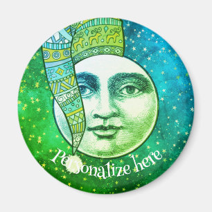 Vintage man in moon whimsical winter hat blue teal magnet