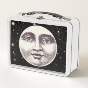 Vintage man in the moon full face black white metal lunch box