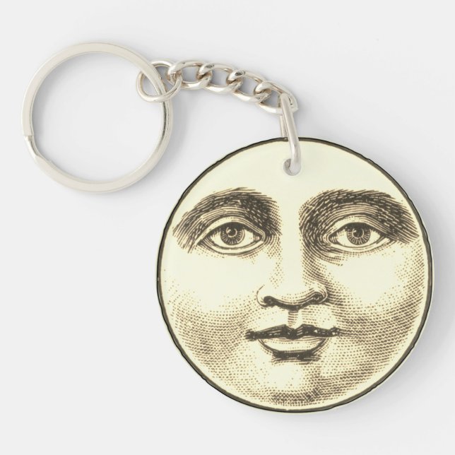 Vintage man in the moon full face brown sepia gold key ring (Front)