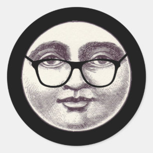 Vintage man in the moon full face glasses black wh classic round sticker