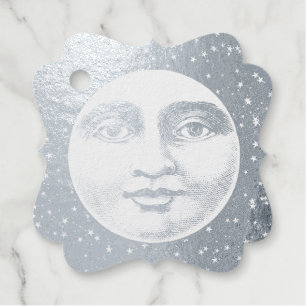 Vintage man in the moon full face silver foil favour tags