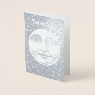 Vintage man in the moon full face star silver foil card