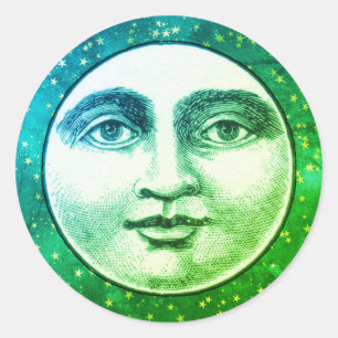 Vintage man in the moon full face teal blue green classic round sticker