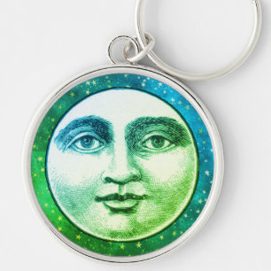 Vintage man in the moon full face teal blue green key ring
