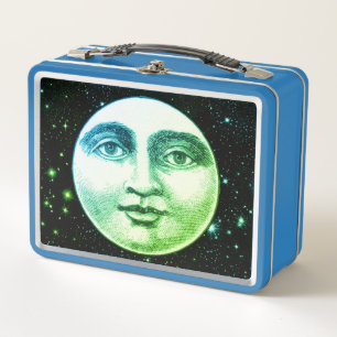 Vintage man in the moon full face teal blue green metal lunch box