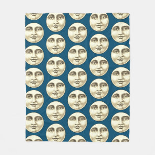 Vintage man in the moon full moon face blue fleece blanket