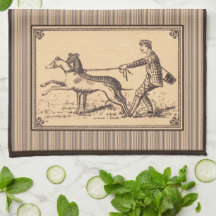Vintage Man Walking Greyhounds Print Tea Towel
