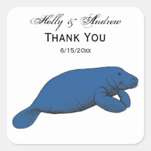 Vintage Manatee Drawing Blue Square Sticker
