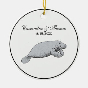 Vintage Manatee Drawing Ceramic Tree Decoration