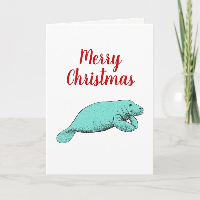 Vintage Manatee Drawing Christmas Xmas Aqua Holiday Card (Front)