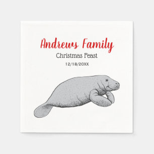 Vintage Manatee Drawing Christmas Xmas Napkin