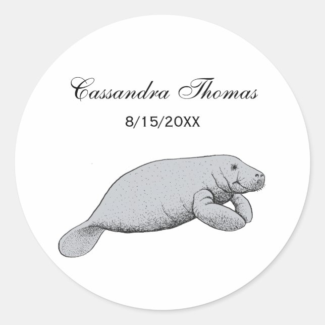 Vintage Manatee Drawing Classic Round Sticker (Front)