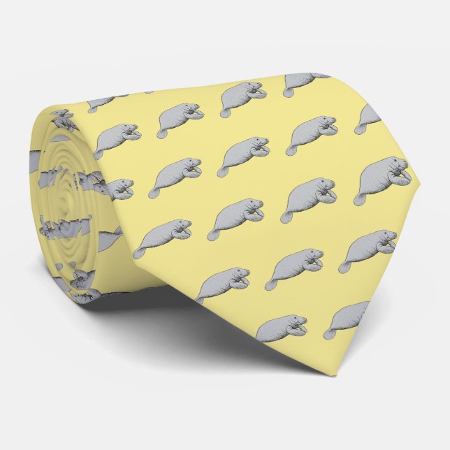 Vintage Manatee Drawing Grey Yellow Tie (Rolled)