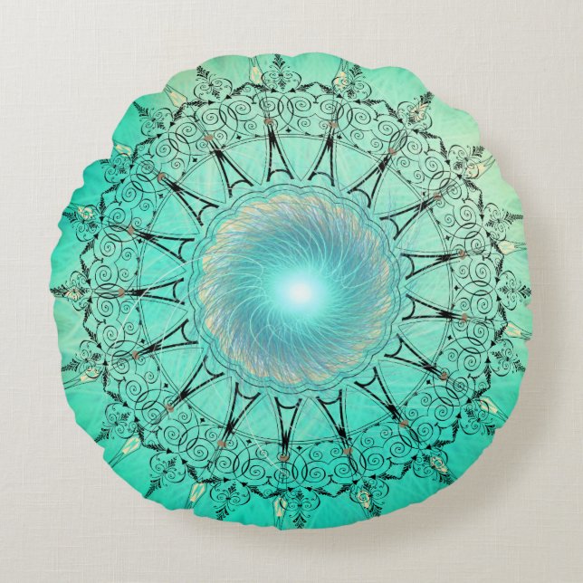 Vintage Mandala Minty Green Round Cushion (Front)