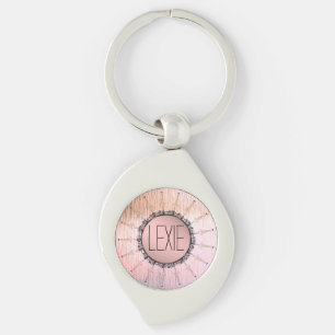 Vintage Mandala on Peachy Pink Frosted Glass Key Ring