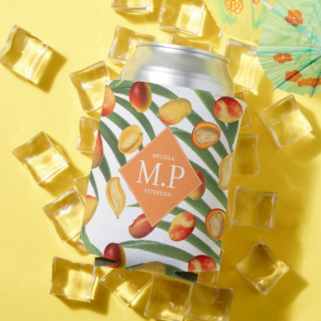 Vintage Mango & Greenery Summer Fruit Monogram Can Cooler (In Situ Summer)