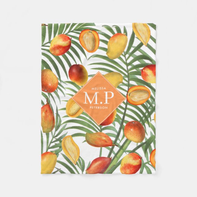 Vintage Mango & Greenery Summer Fruit Monogram Fleece Blanket (Front)