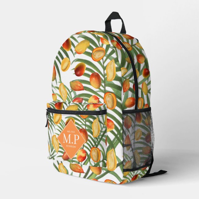 Vintage Mango & Greenery Summer Fruit Monogram Printed Backpack (Back Corner Right)