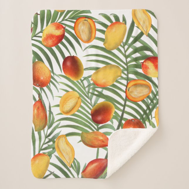 Vintage Mango & Greenery Summer Fruit Pattern Sherpa Blanket (Front)