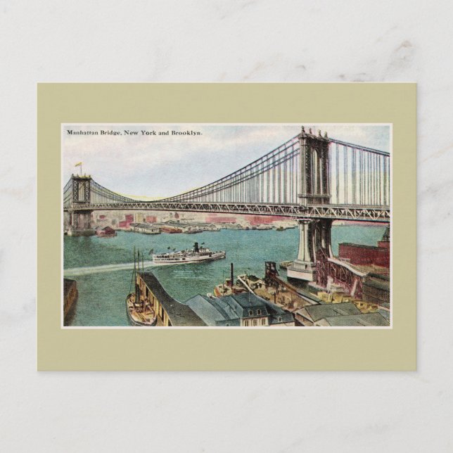 Vintage Manhattan Bridge, Hudson, Brooklyn NYC Postcard (Front)