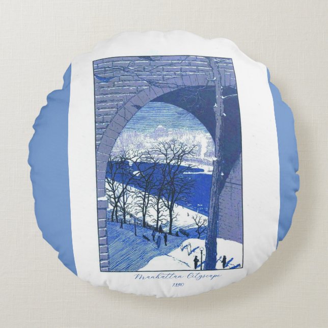 "Vintage Manhattan Cityscape 1890"   Round Cushion (Front)