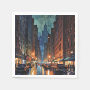 Vintage Manhattan New York City Night Painting Napkin