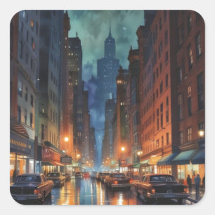 Vintage Manhattan New York City Night Painting Square Sticker