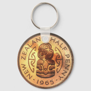 Vintage Maori Tiki Halfpenny Coin Keychains