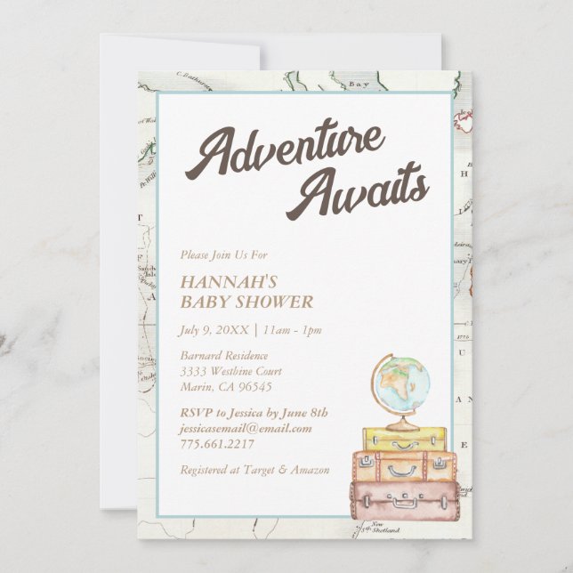 Vintage Map Adventure Awaits Baby Shower Invite (Front)