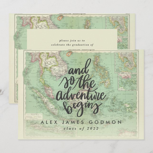 Vintage map adventure begins unique graduation announcement (Front/Back)