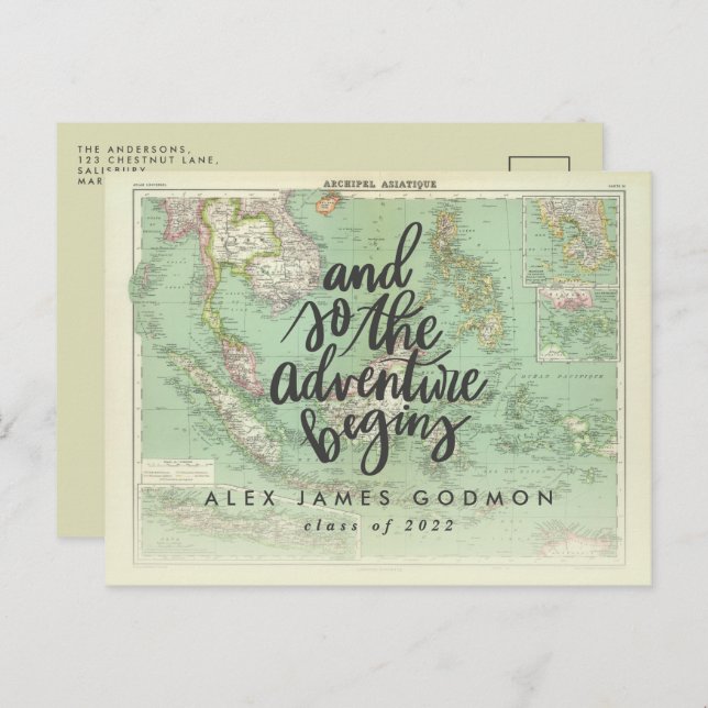 Vintage map adventure begins unique graduation invitation postcard (Front/Back)