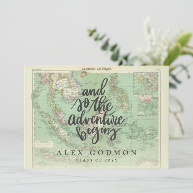 Vintage map adventure graduation party invitation (Standing Front)