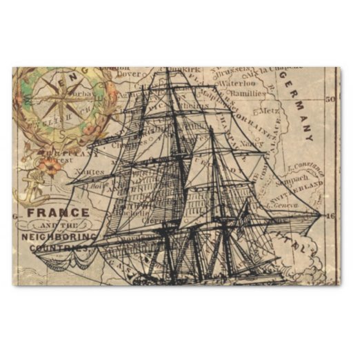 Image of Vintage Map and Ship Tissue Paper