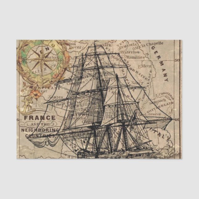 Vintage Map and Ship Tissue Paper (Front)