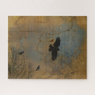 Vintage Map And The Flying Crows Jigsaw Puzzle