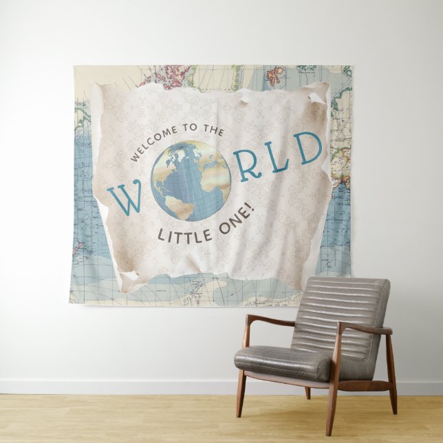 Vintage Map Baby Shower Backdrop Tapestry (In Situ (Horizontal))
