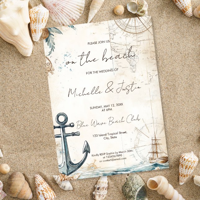 Vintage Map Beach Tropical Island Wedding Invitation (coastal vintage map wedding invitation)
