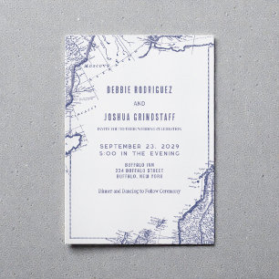Vintage Map Blue on White Wedding Invitation