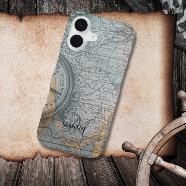Vintage Map Compass Monogram iPhone 16 Case (Creator Uploaded)