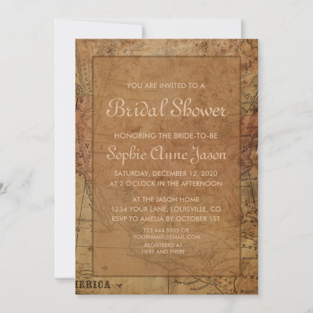 Vintage Map Destination Bridal Shower Invitation (Front)